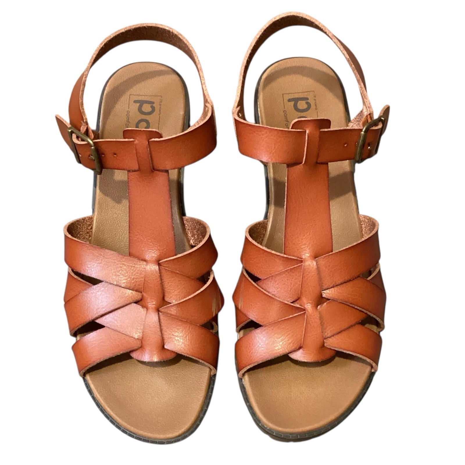 POP Comfort Fit Sandals Block Heel Chunky Strappy Leather Cognac Size 9 Women’s