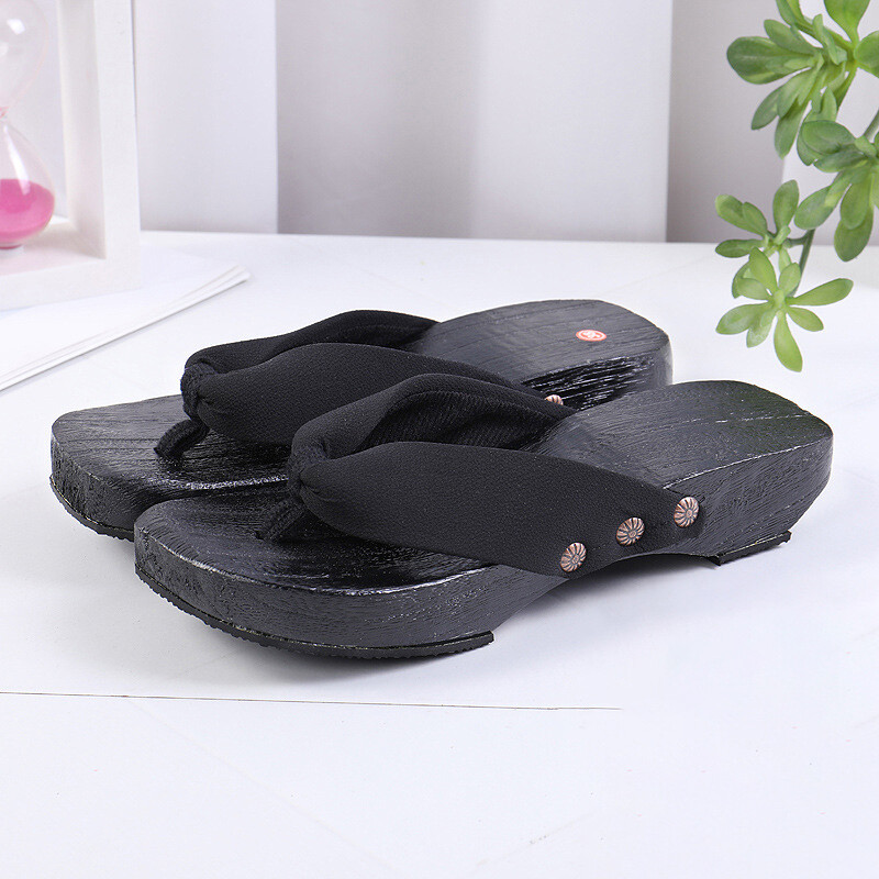 3.5cm Heel Geta Japanese Clogs Slippers Wooden Flip-flops Soild Color Costume US