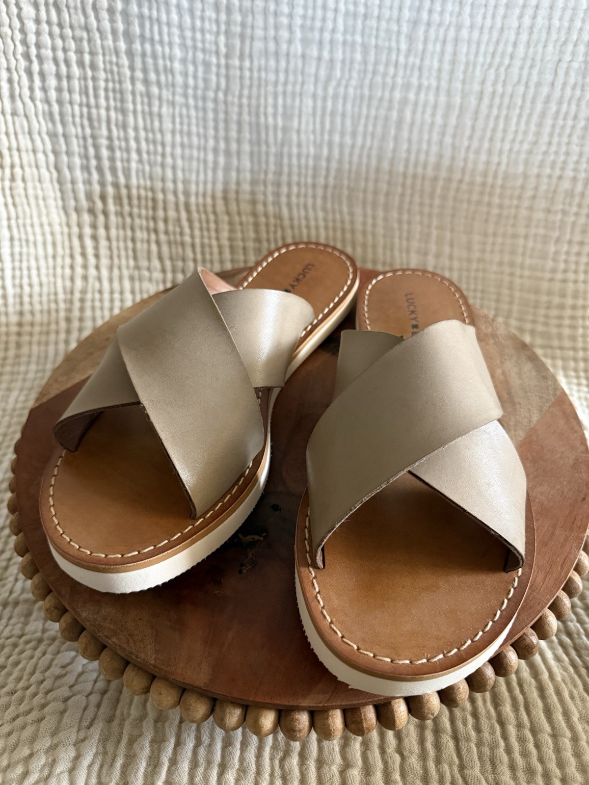 Lucky Brand Leather Flat Slide Sandals Strappy Slip On Casual Solid US 9M