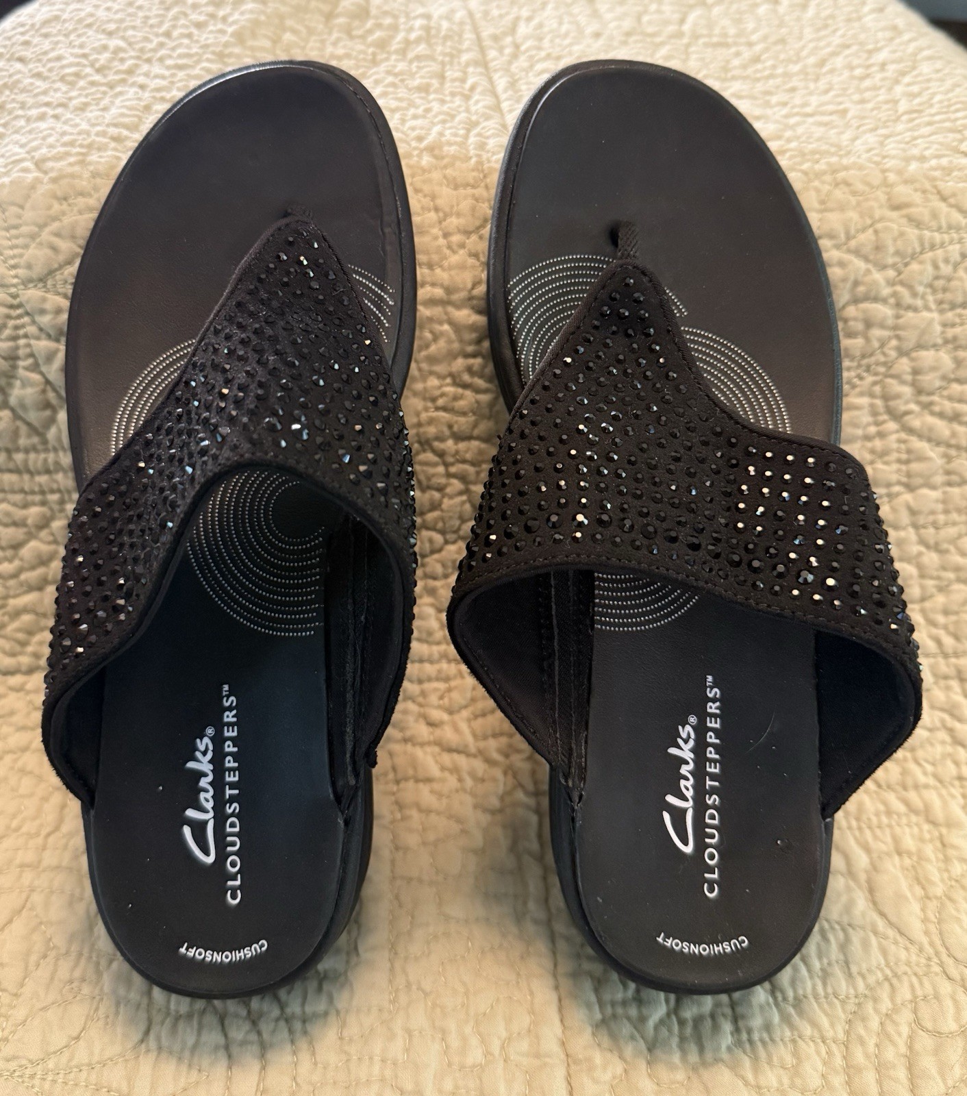 Clarks Drift Jaunt Cloud Steppers Sandals Rhinestone Thong Platform Black 6.5