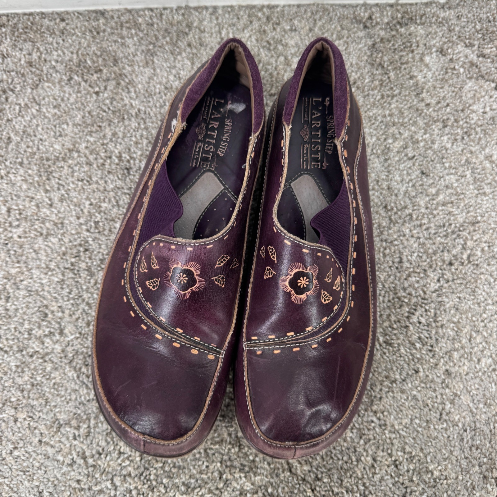 Spring Step L’Artiste Burbank Purple Leather Floral Embroidered Clogs Women 41