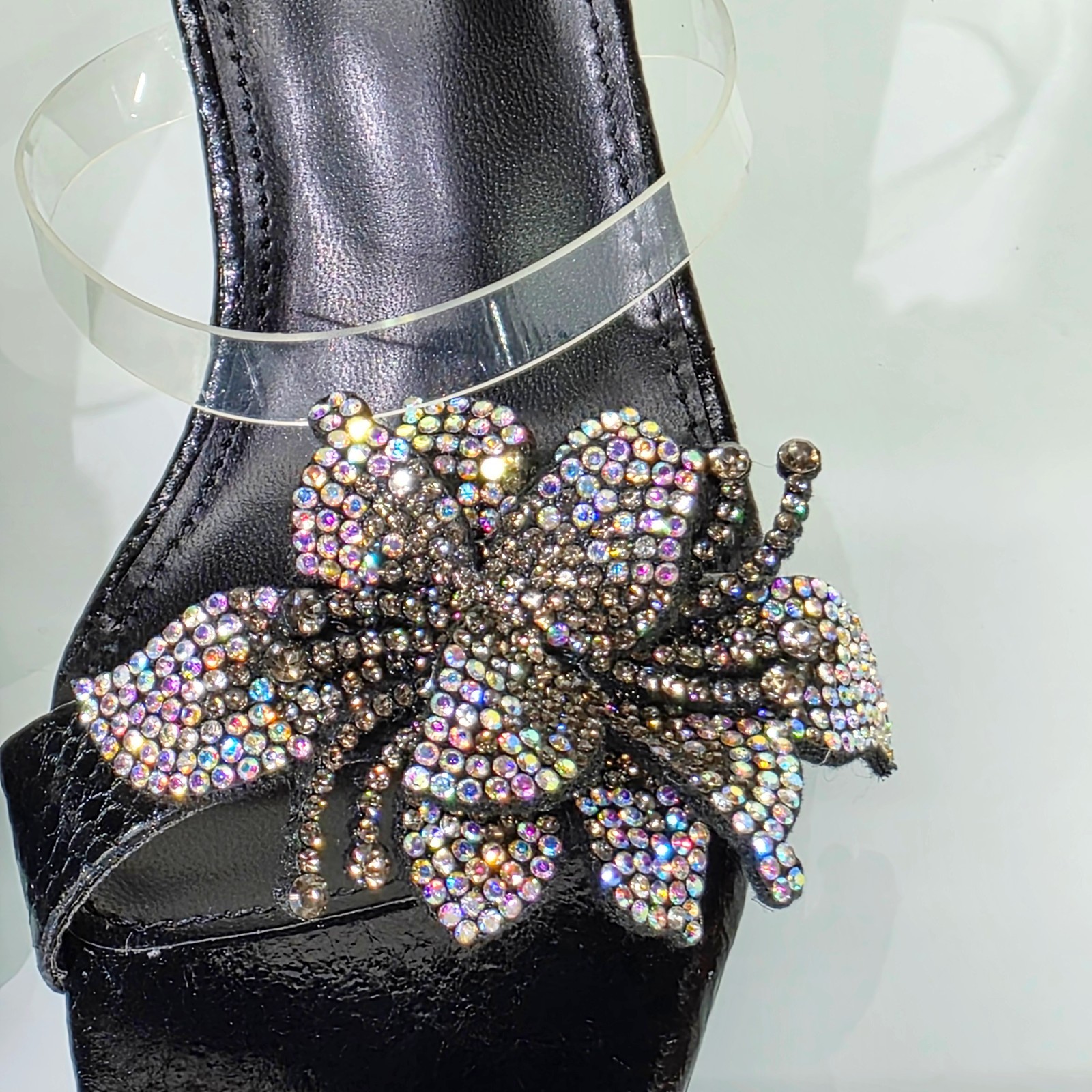Lily Rhinestone Flower Black Slip On 3.25″ Heel Casual Evening Party Shoes