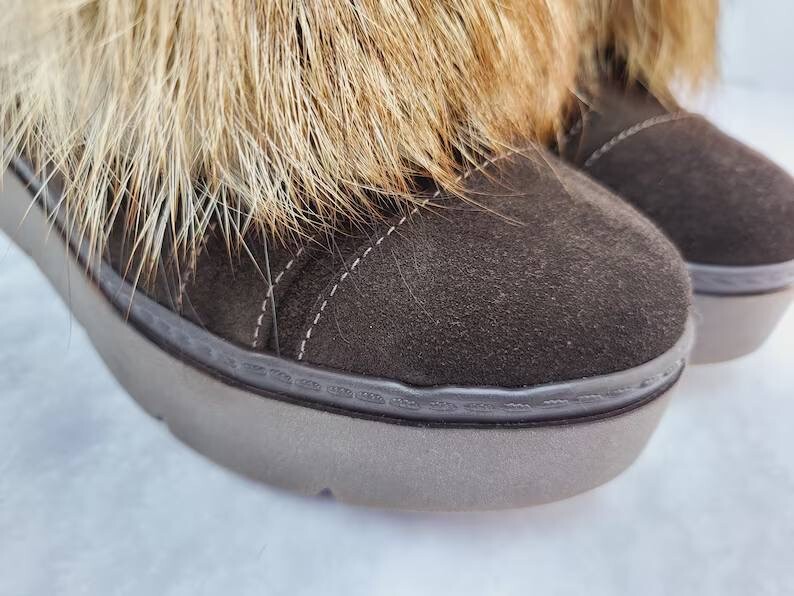 Women’s Brown Suede Ankle-High Fox Fur Boots, Handmade by LITVIN