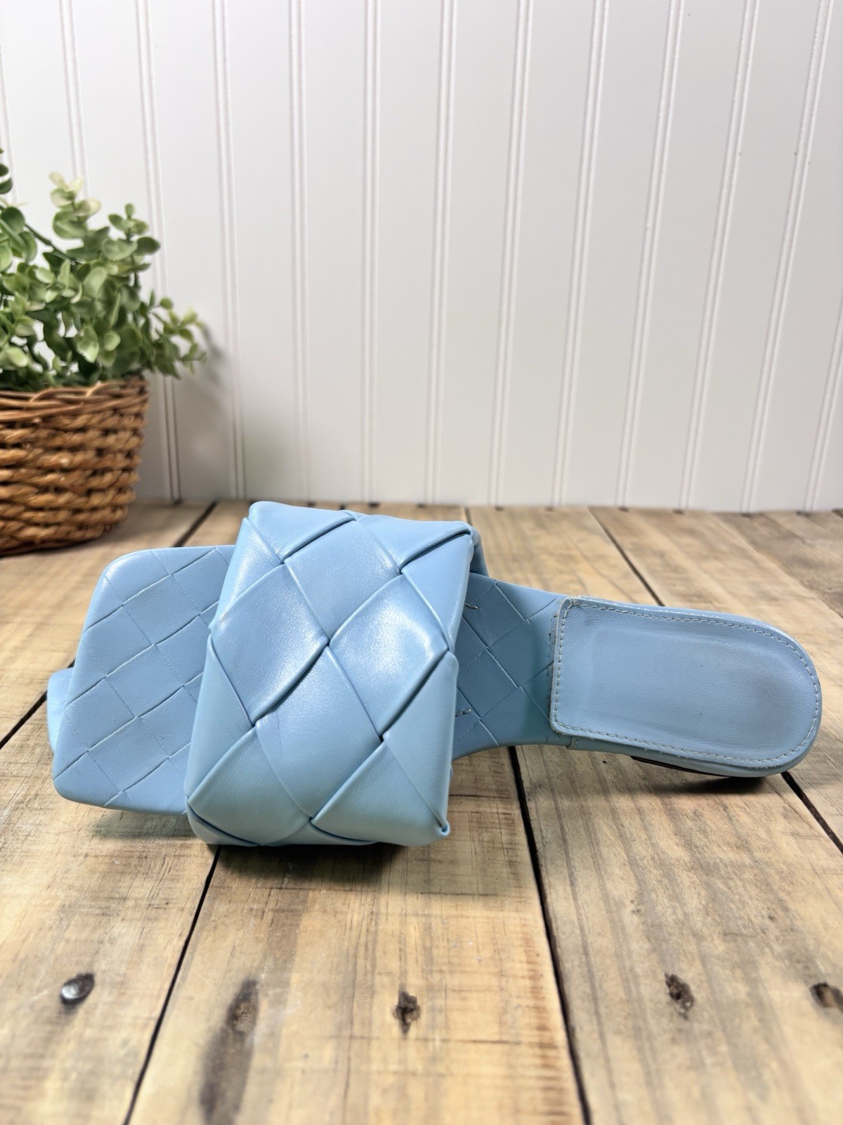 Blue Woven Leather Flat Slide Sandals Square Toe Women’s Size 7.5