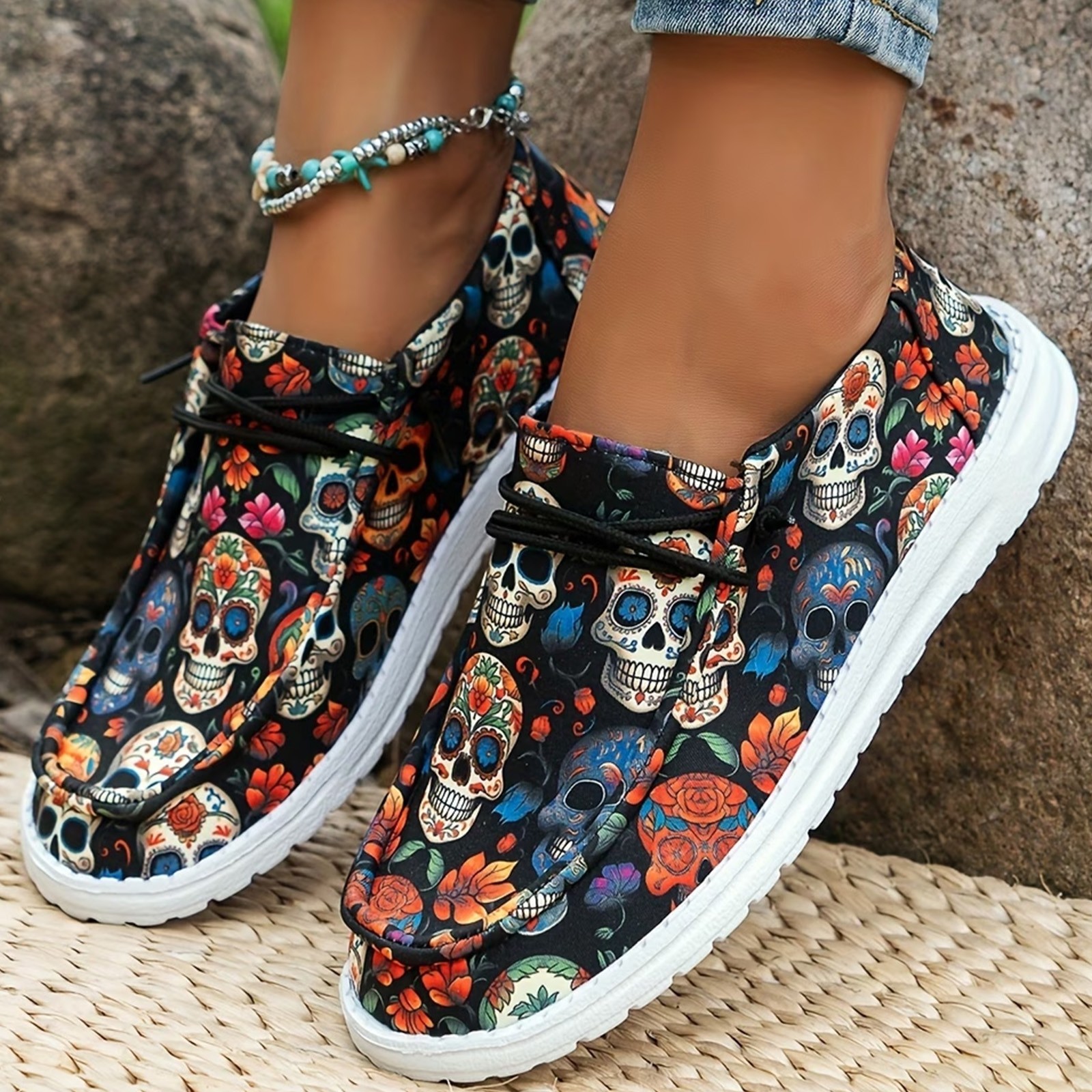 Women’s Casual Lightweight Flat Boat Shoes Skull Print Breathable Canvas Shoes