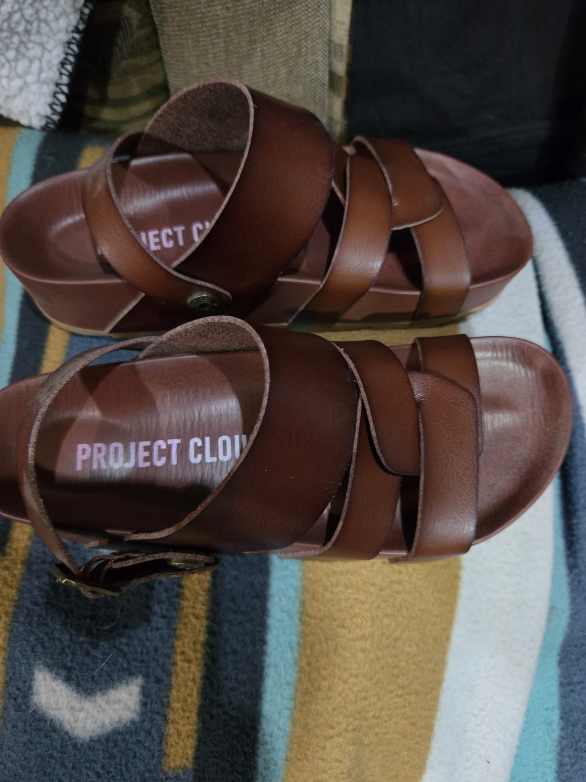 Project Cloud Women’s Brown Leather Strappy Buckle Platform Sandals 8 NW/Def