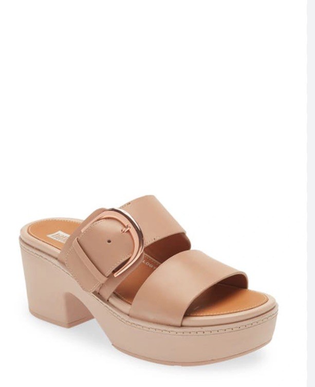 FitFlop Pilar Tan Leather Platform Sandals Double Strap Buckle Heeled: 10