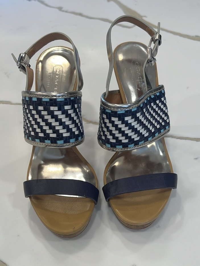 Coach Steffi Blue Tan And Silver Woven Sandals