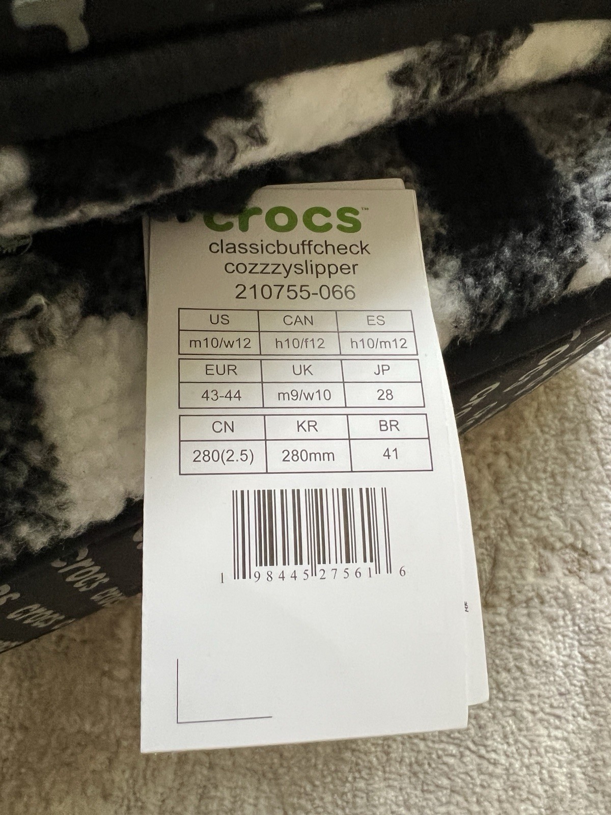 Crocs Classic Cozzy Buff Check Slide Slippers Black White Plaid M10 / W12 NWT