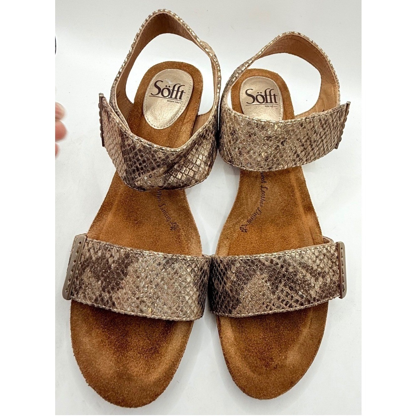 Söfft Verdi Wedge Sandals Womens 8.5 Gold Metallic Snake Print Leather Cork