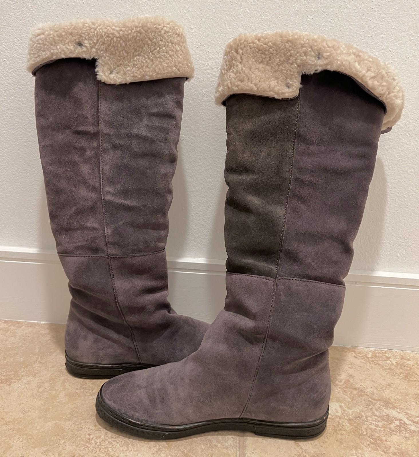 Gray Tall Suede Shearling Flat Boots 39.5 From Barneys New York