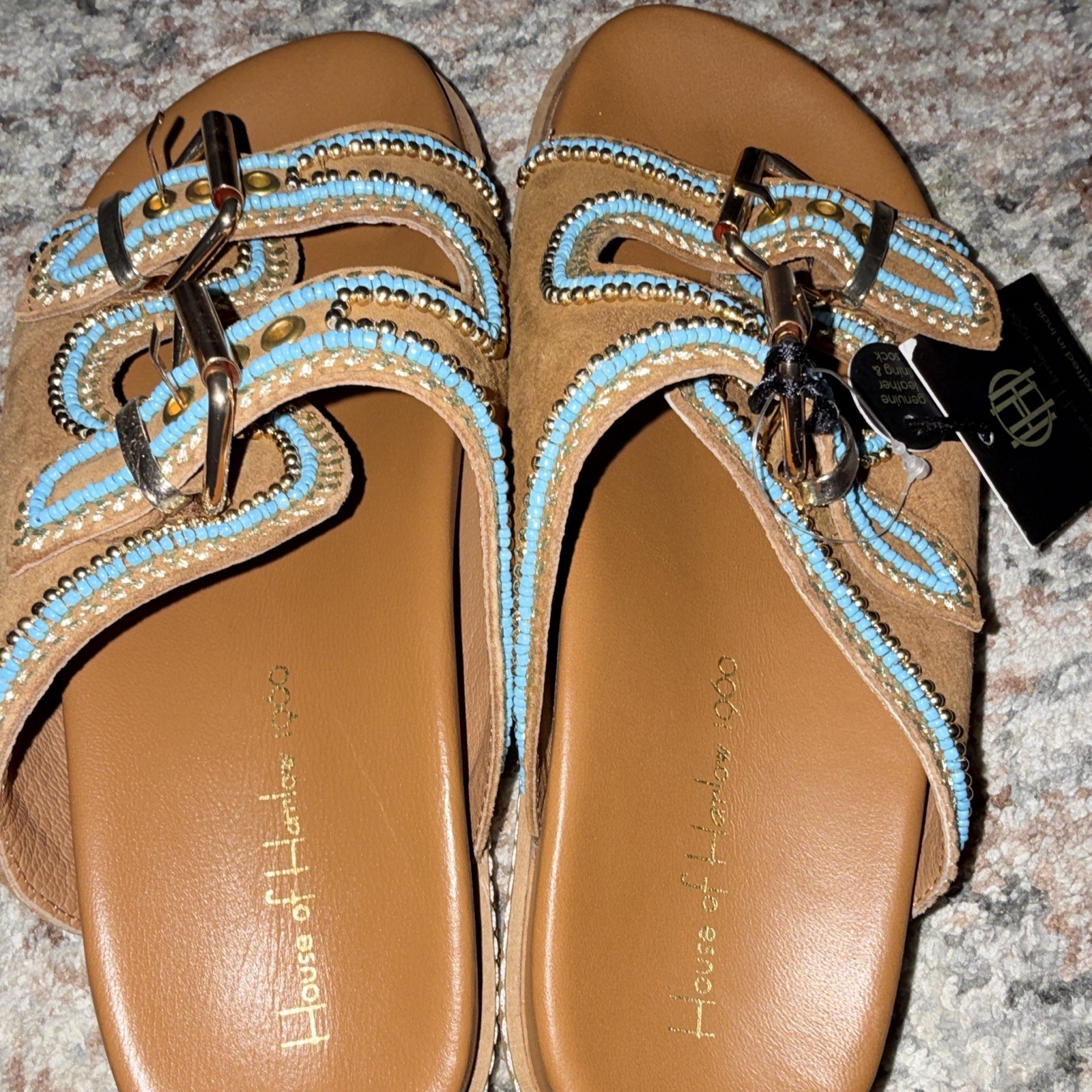 House of Harlow Women’s Tan Blue Leather Beaded Buckle Slide Sandals US 7.5