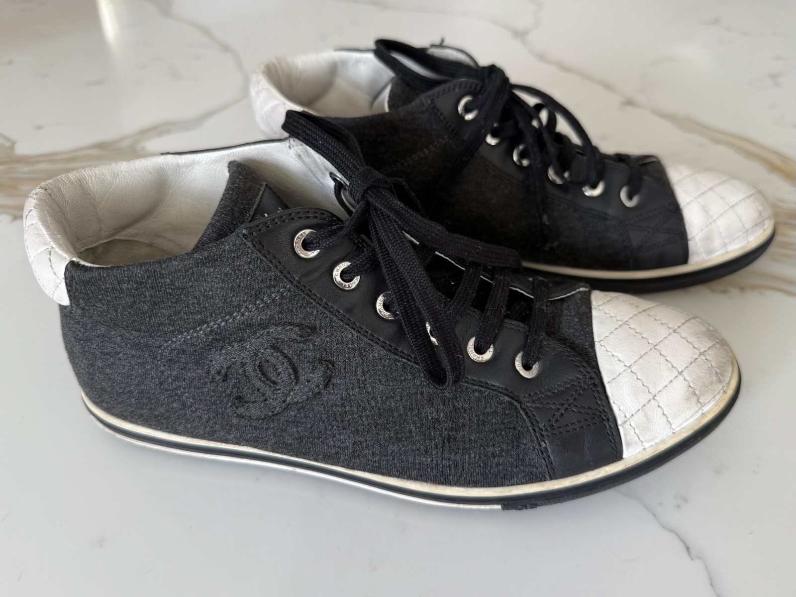 CHANEL High Top Sneakers Black Wool White Quilted Leather CC Logo Italy 7.5 -8
