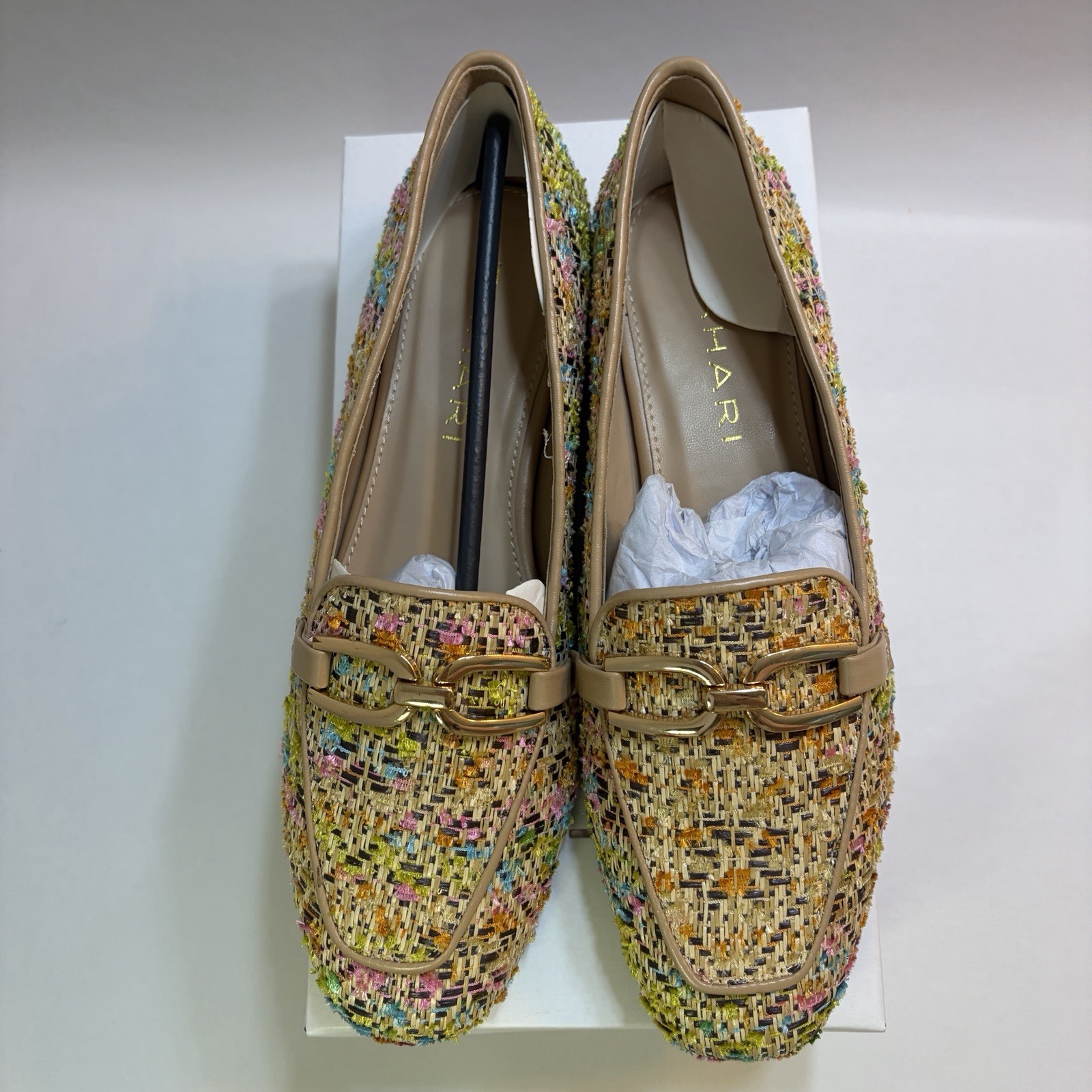 Tahari Tweed Multicolor rafia and loafers NEW in box