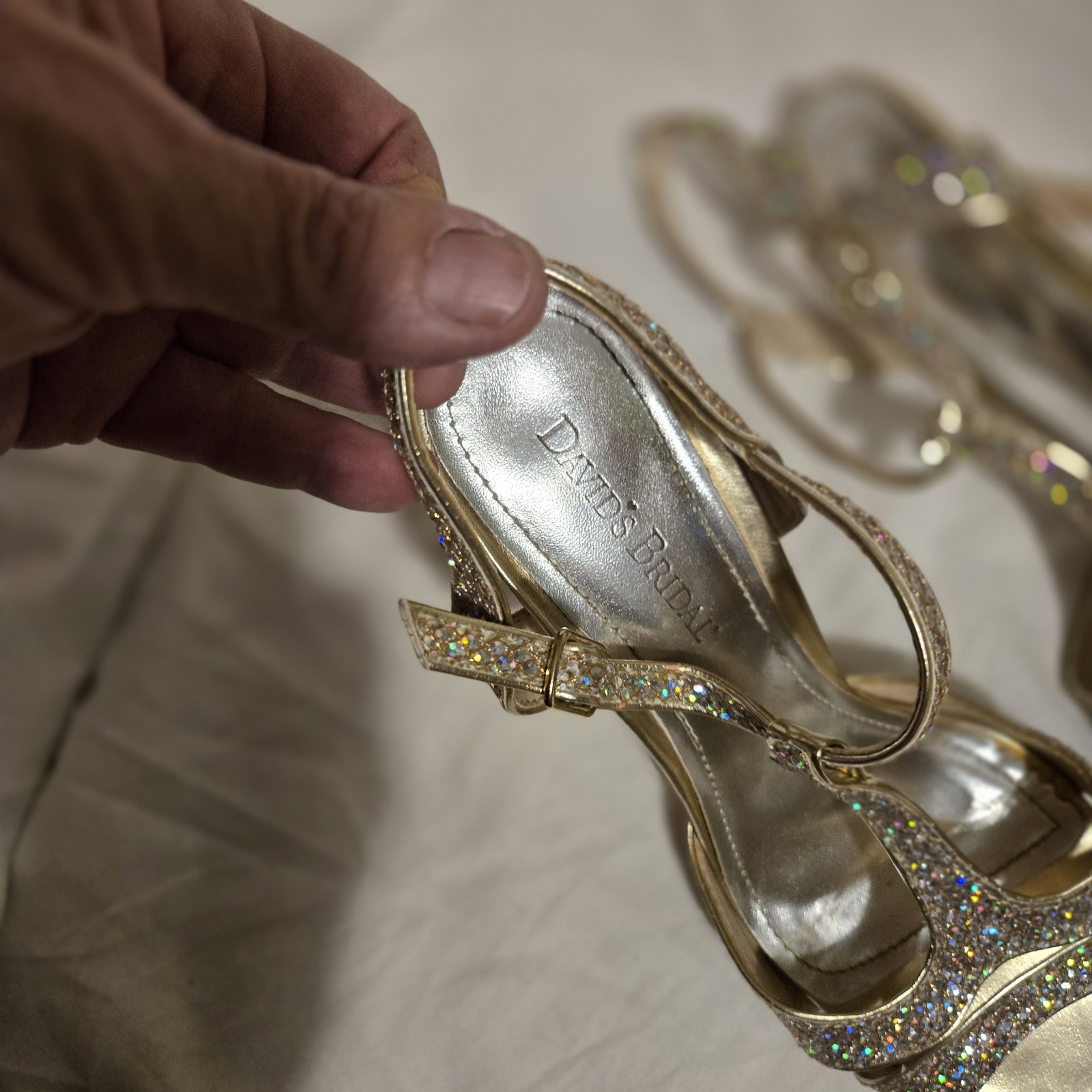 Women size 9 Gold Glitter Strappy Heels David’s Bridal Shoes Wedding Holidays