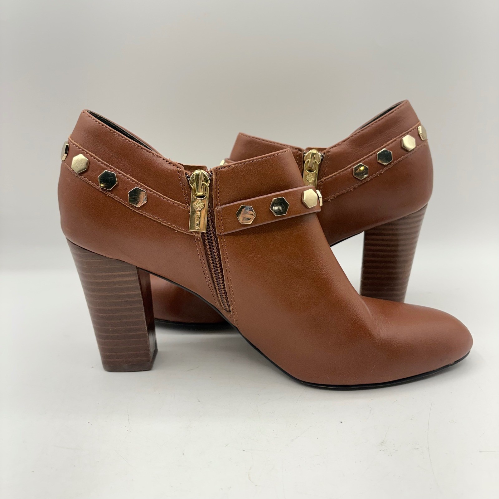 Isola Tan Leather Studded Ankle Booties Gold Hexagon Studs Block Heel Cognac 9.5