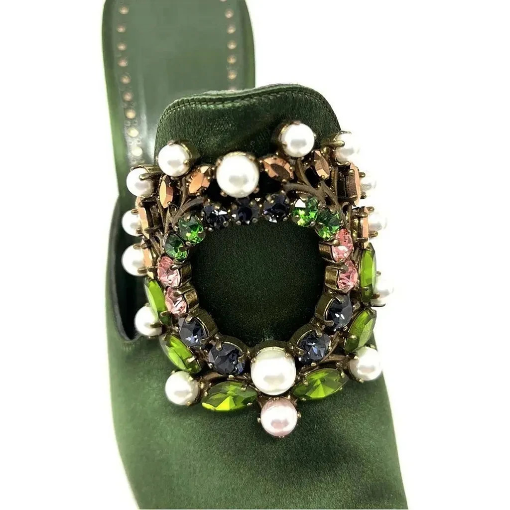 Green Satin Evening Heels Pointy Toe Pearls Buckle Mules for Women FSJ202302035