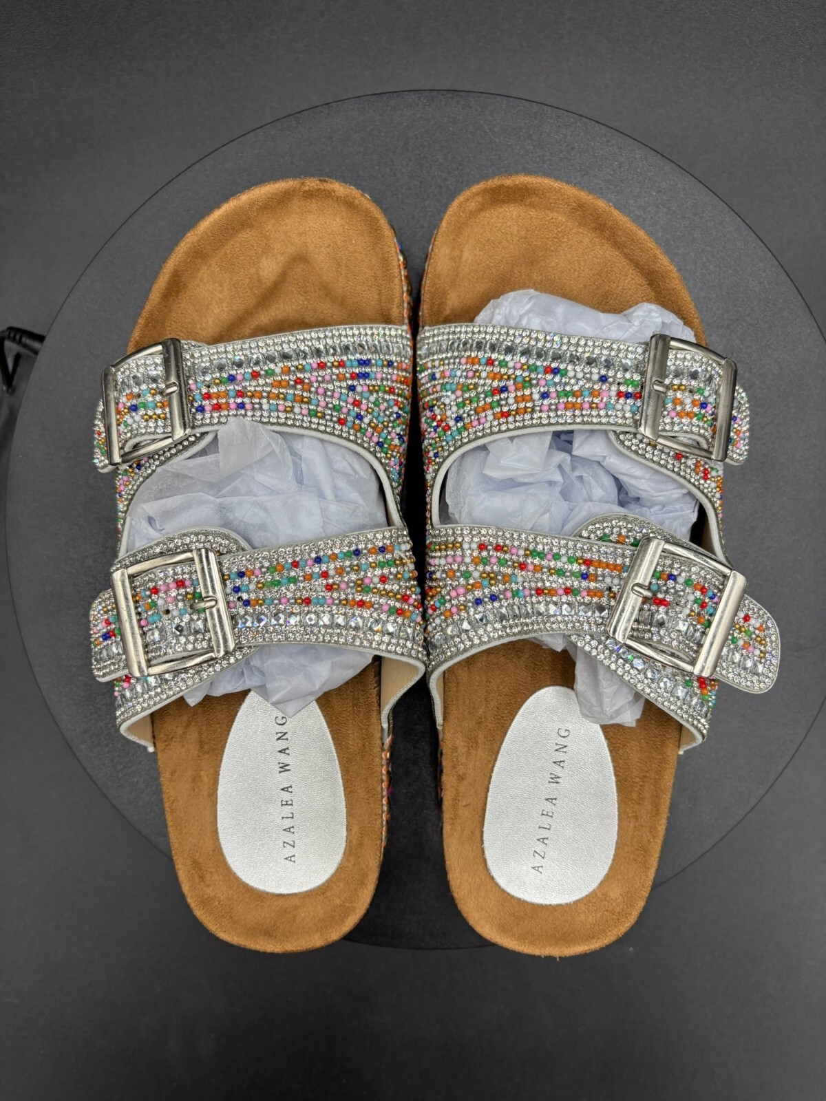 Azalea Wang Ezri Rhinestone Beaded Platform Slide Sandals