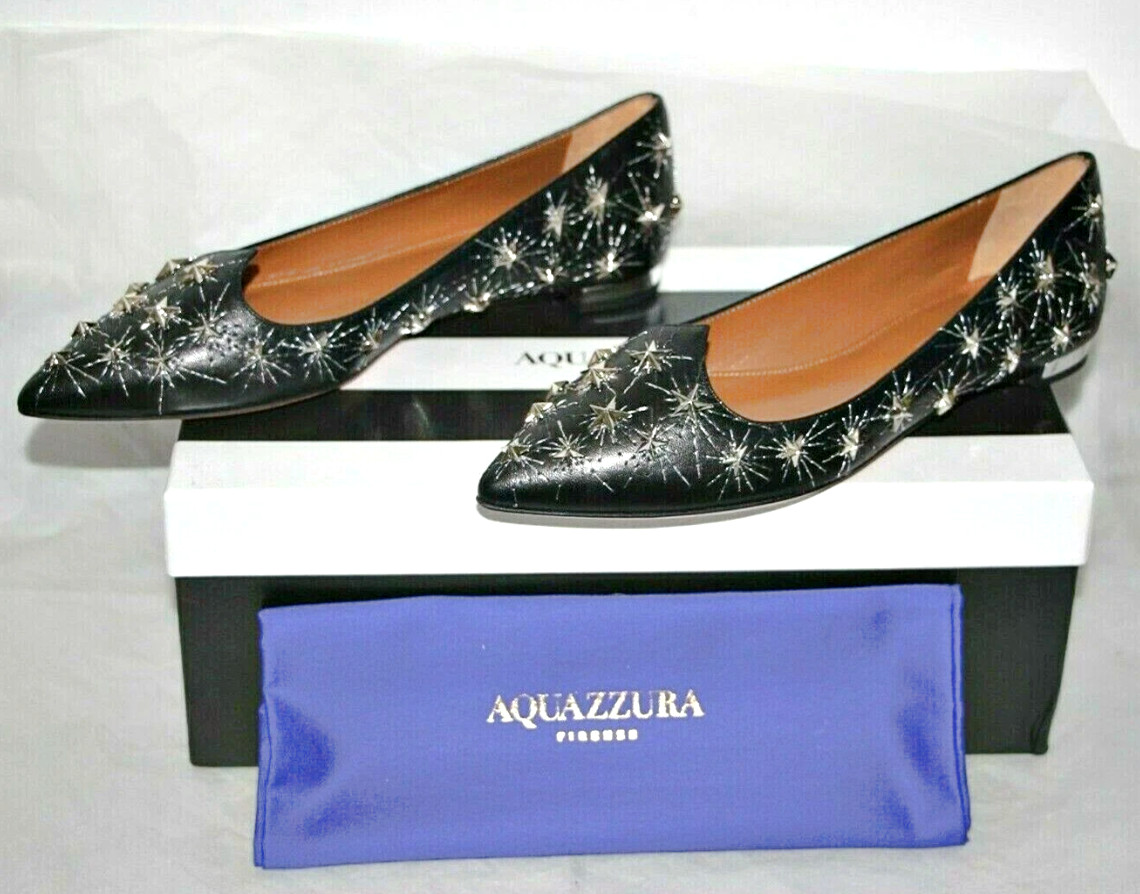 AQUAZZURA Cosmic Star Pointy Toe Flats in Black Silver sz US 6 – IT 36