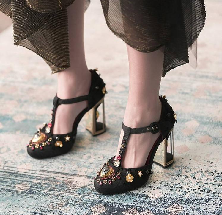 Womens Rhinestone Round Toe Block Heel Embroidered High Heel Wedding Shoes Hot