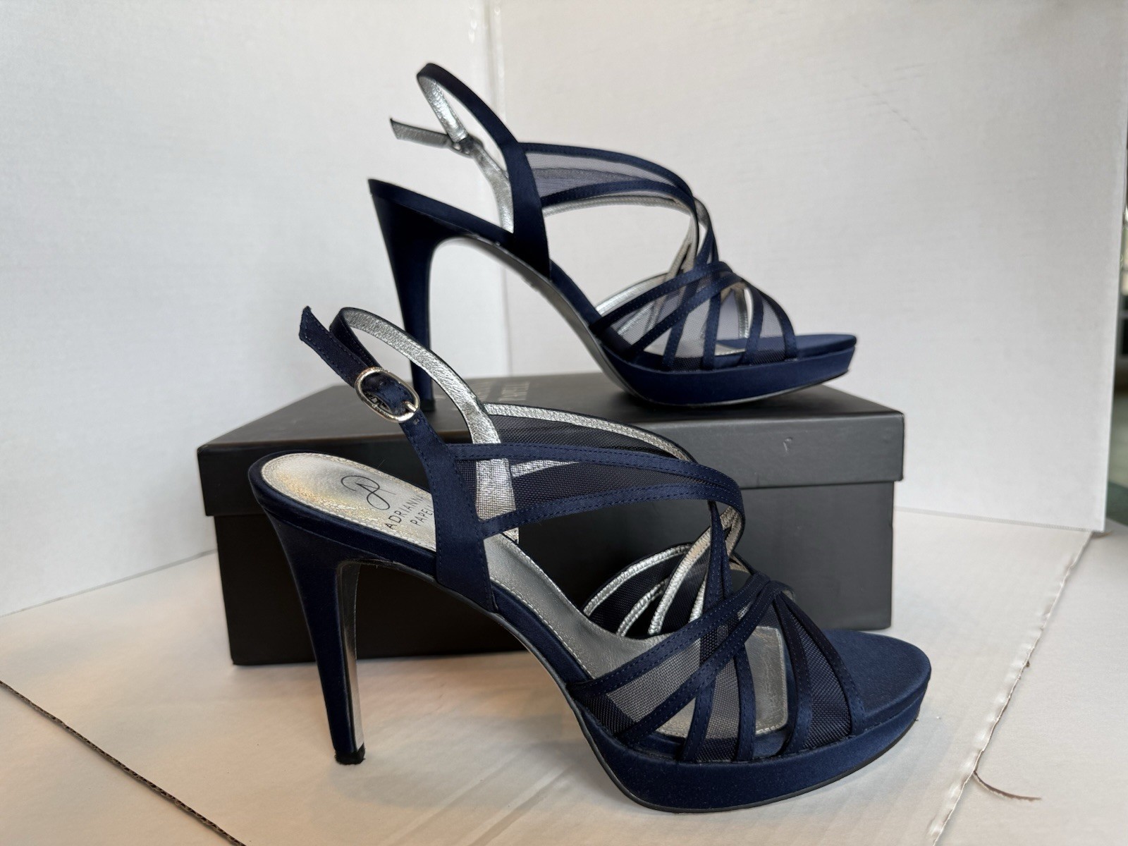 Adrianna Papell Navy Satin Strappy Heels Buckle Open Toe Adjustable Strap 9.5