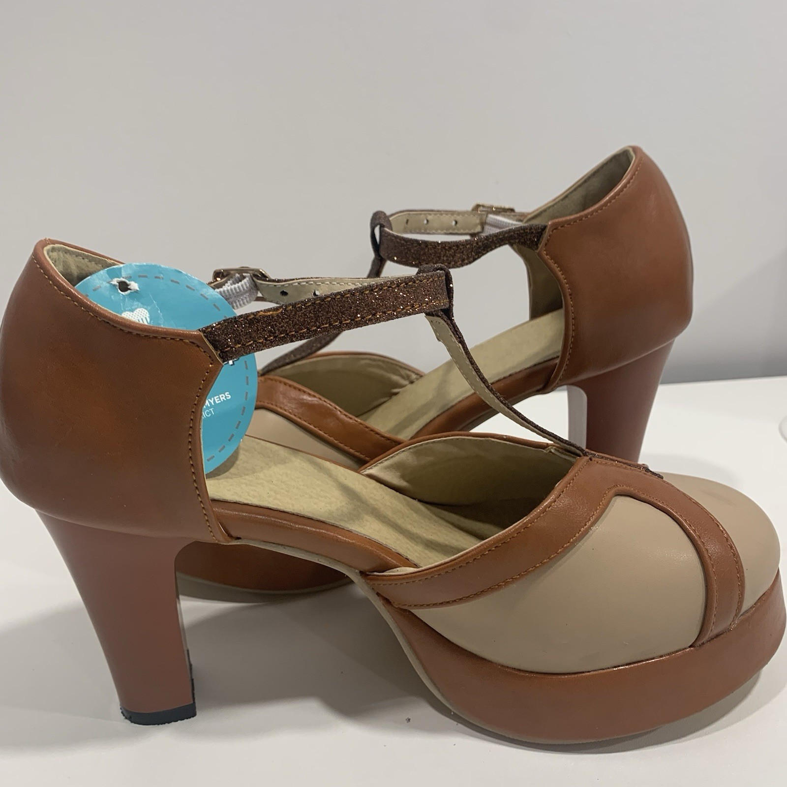 Chic Mary Jane Ankle Strap Block Heel Shoes Brown Women’s EU 38 US 7.5-8 Sparkle