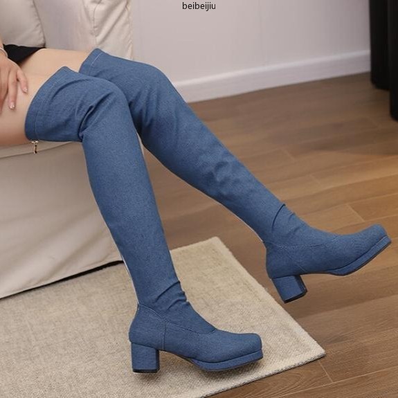 Womens Cowboy Over The Knee High Boots Denim Jean Round Toe Mid Block Heel Shoes