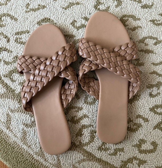Woven Crossover Sandals Flat Slides Tan Beige Size 10 Handmade Weave Flops Women