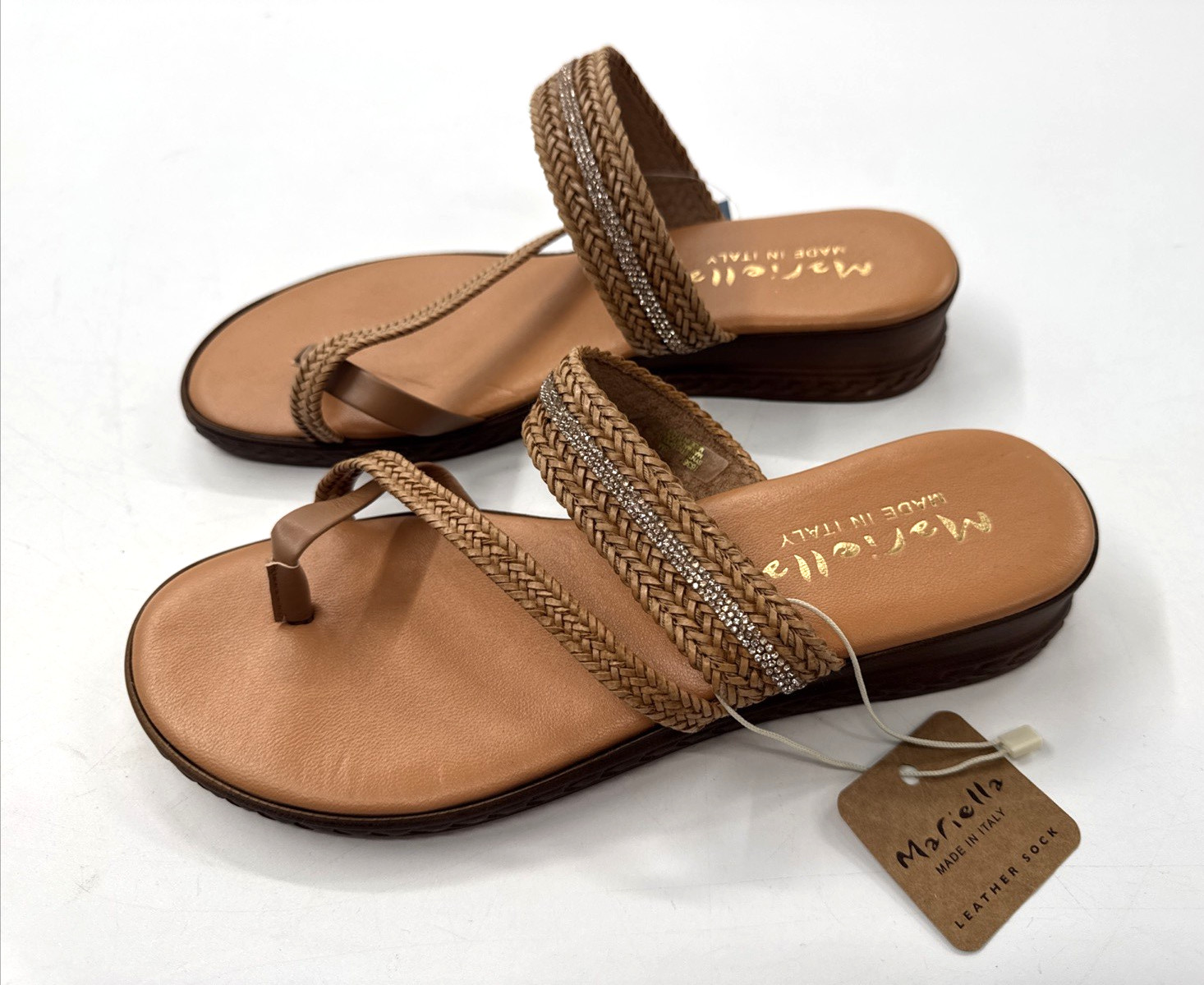 Mariella Leather Braided Slide Sandals Womens 8 Tan Rhinestone Toe Loop NEW