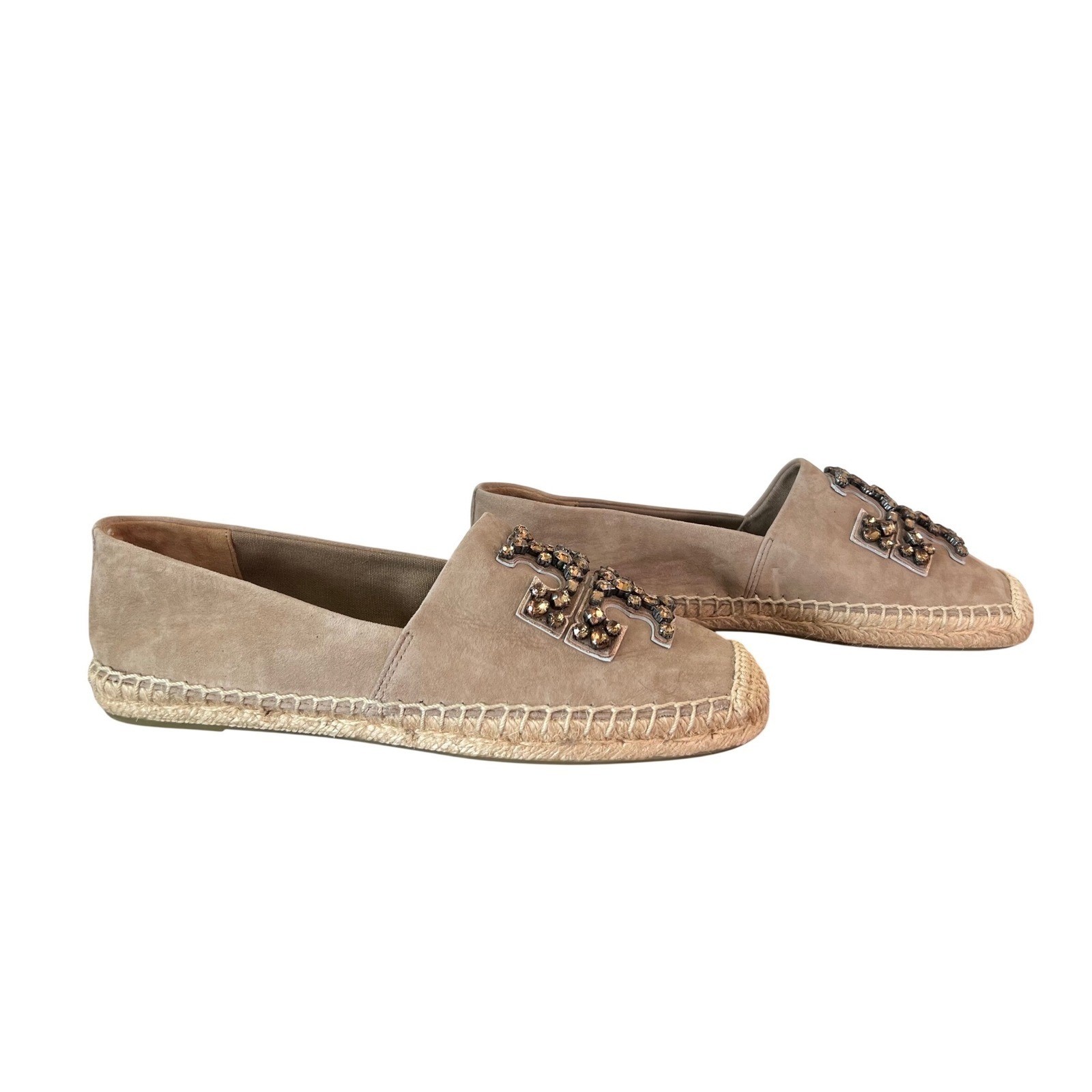 Tory Burch Ines Embellished Suede Espadrilles Taupe Tan Crystal Logo Flats 6.5M