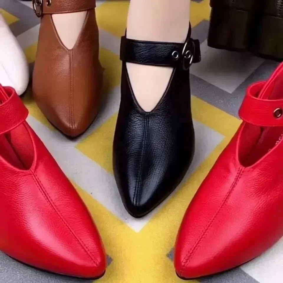 Women’s Pointed Toe Chunky Heel Pumps Buckle Retro Dress Party Shoes Black