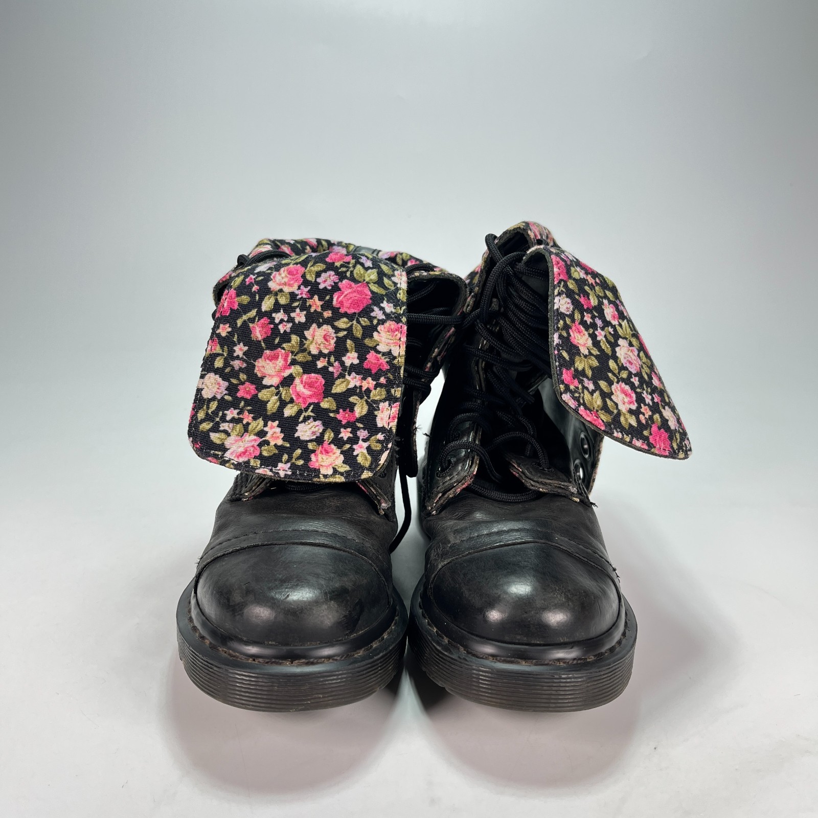 Dr. Martens Triumph 1914 Black Floral Leather Fold Down Tall Boots Womens Size 7