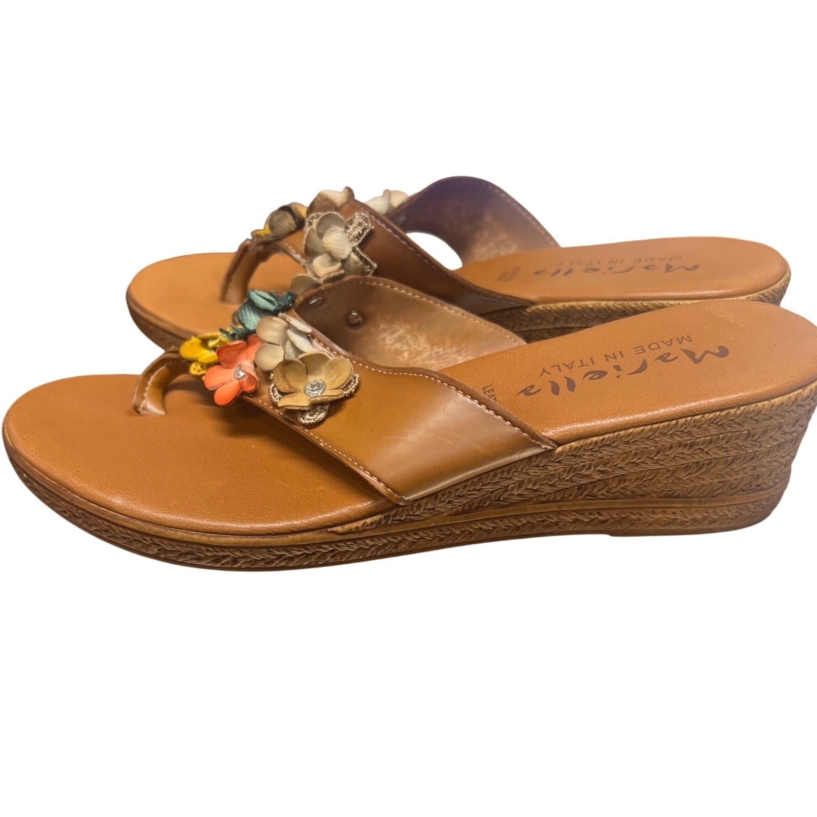 Mariella Made In Italy Tan Leather Floral Wedge Sandals Size 38 Boho Chic