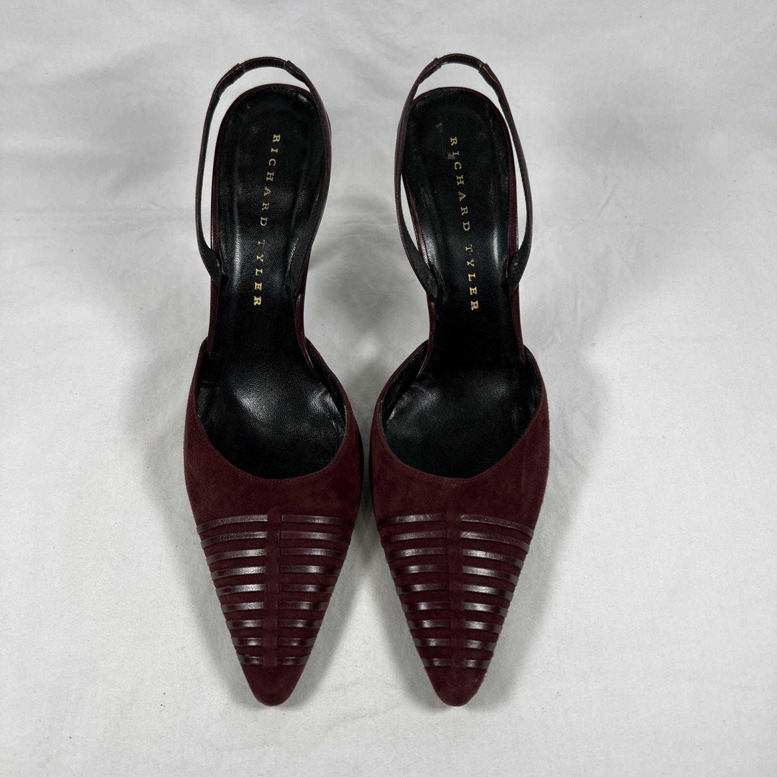 Richard Tyler Burgundy Suede Slingback Heels Pointed Toe Leather Pumps Luxury 8M