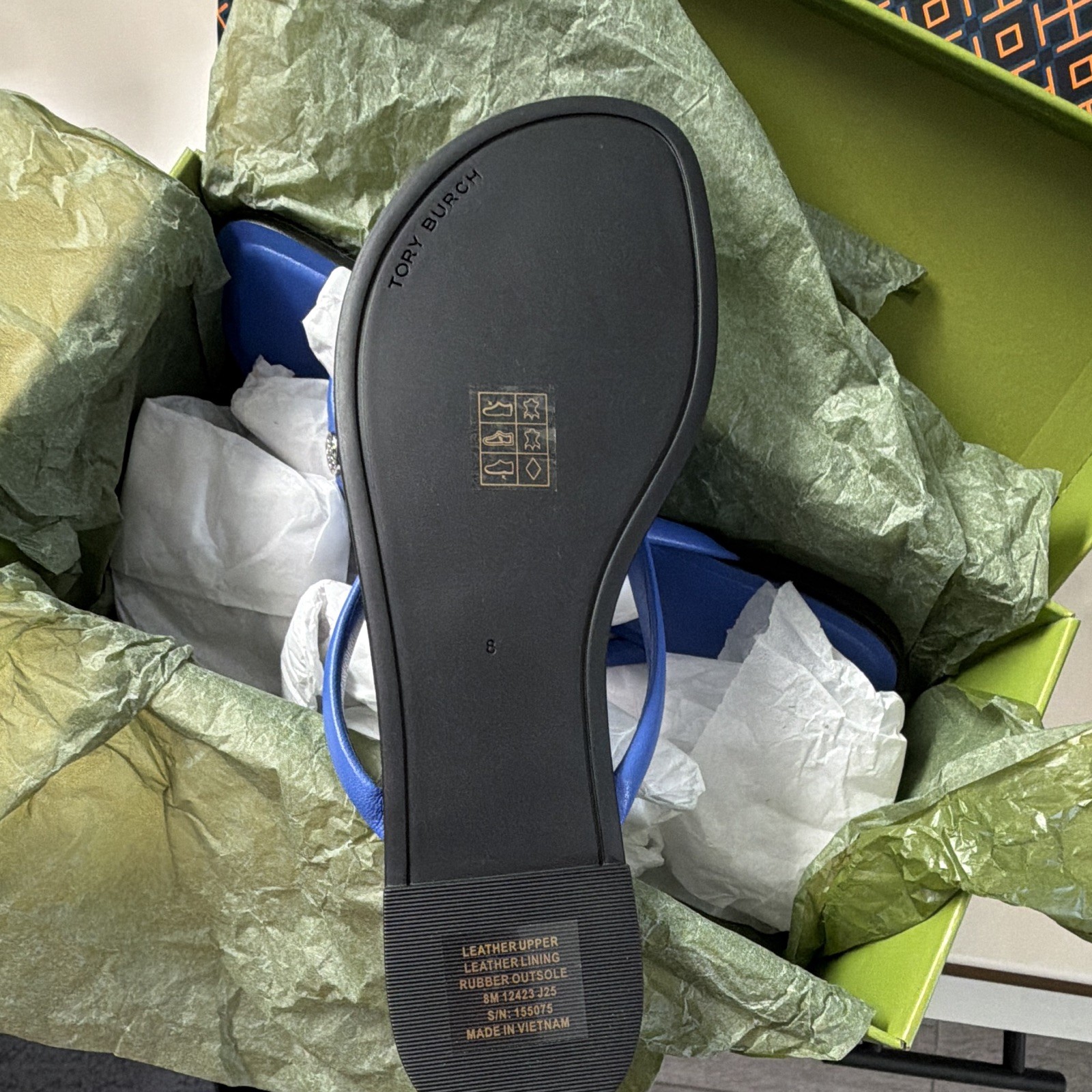 Tory Burch Leather Flip Flop Sandals Logo Crystal Accent Blue US 8 MPN 155075