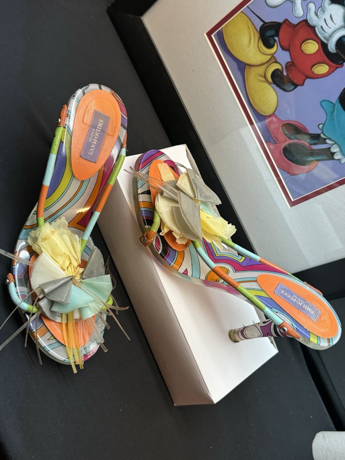 Rare Vintage y2k Emilio Pucci Open toe Floral/ Tassels Heels size 38.5 Defects