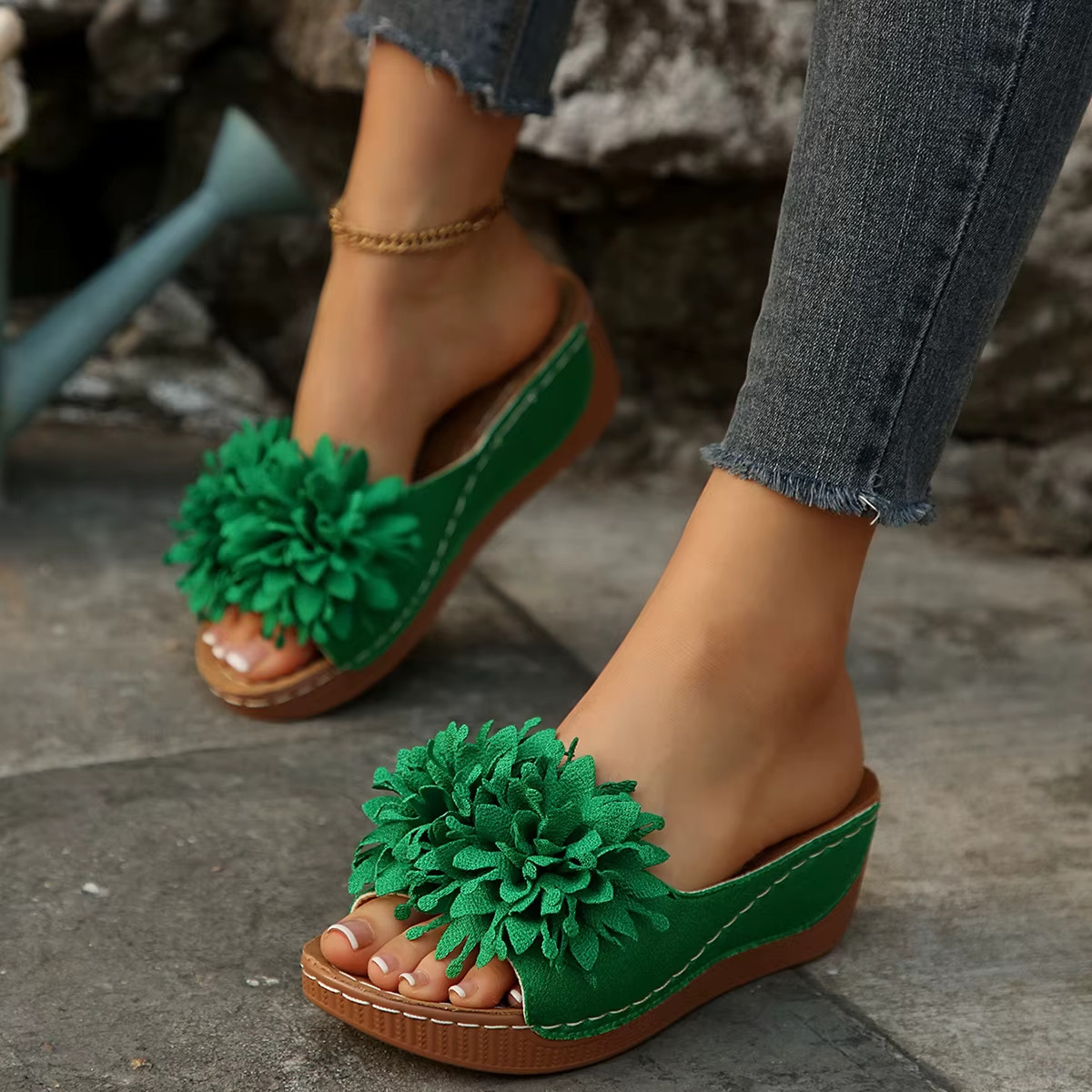 Women’s Flower Wedge Sandals Open Toe Slip-On Summer Platform Slides Casual