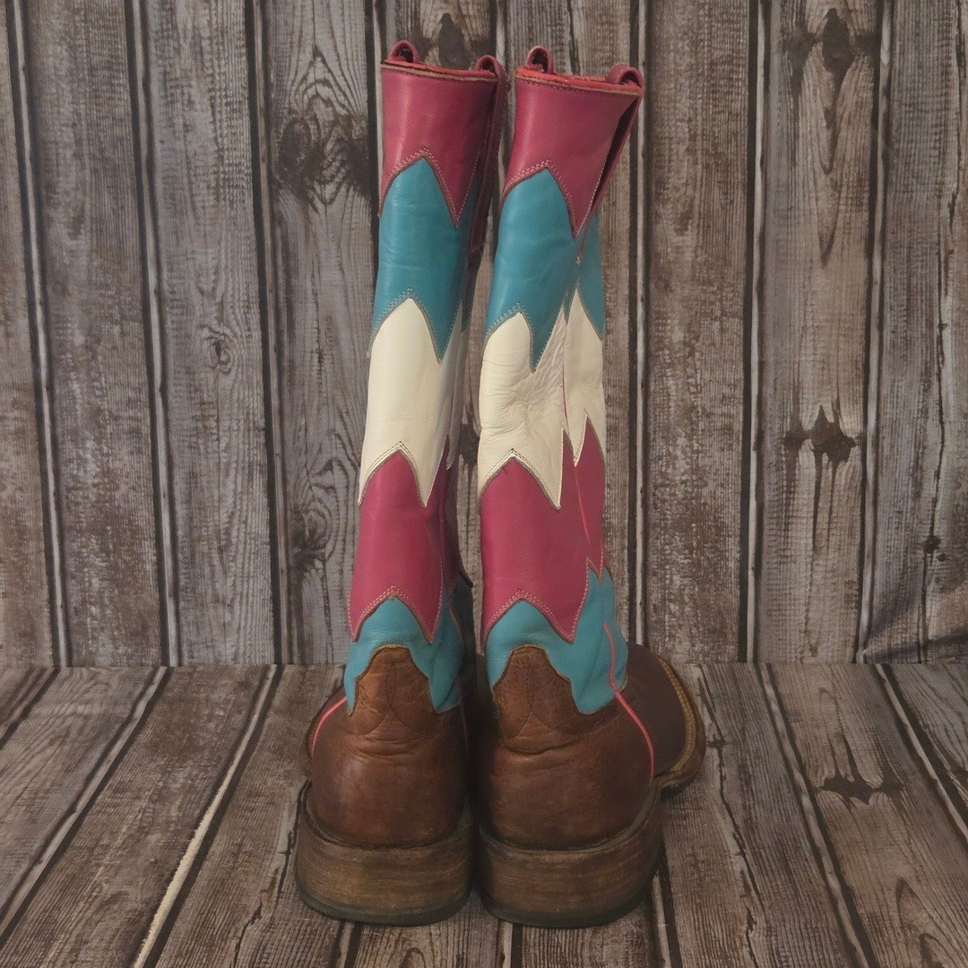 Sz 6.5 M Women’s Macie Bean Brown Pink Turquoise Chevron Western Cowboy Boots