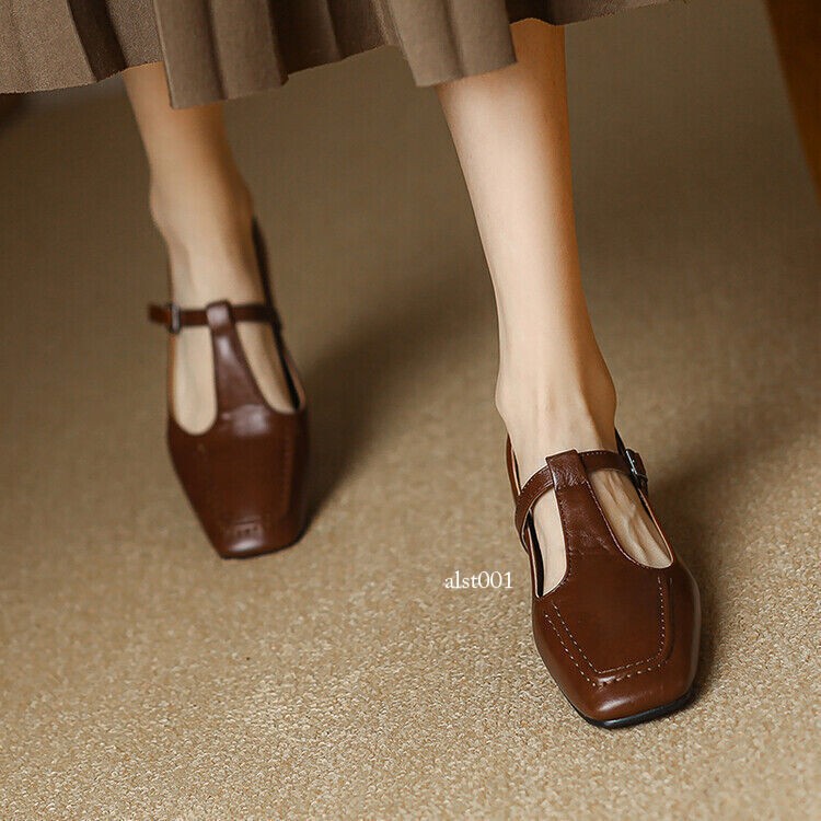 Vintage Faux Leather Mary Jane Womens Low Heels Square Toe T-Strap Shoes OL Pump