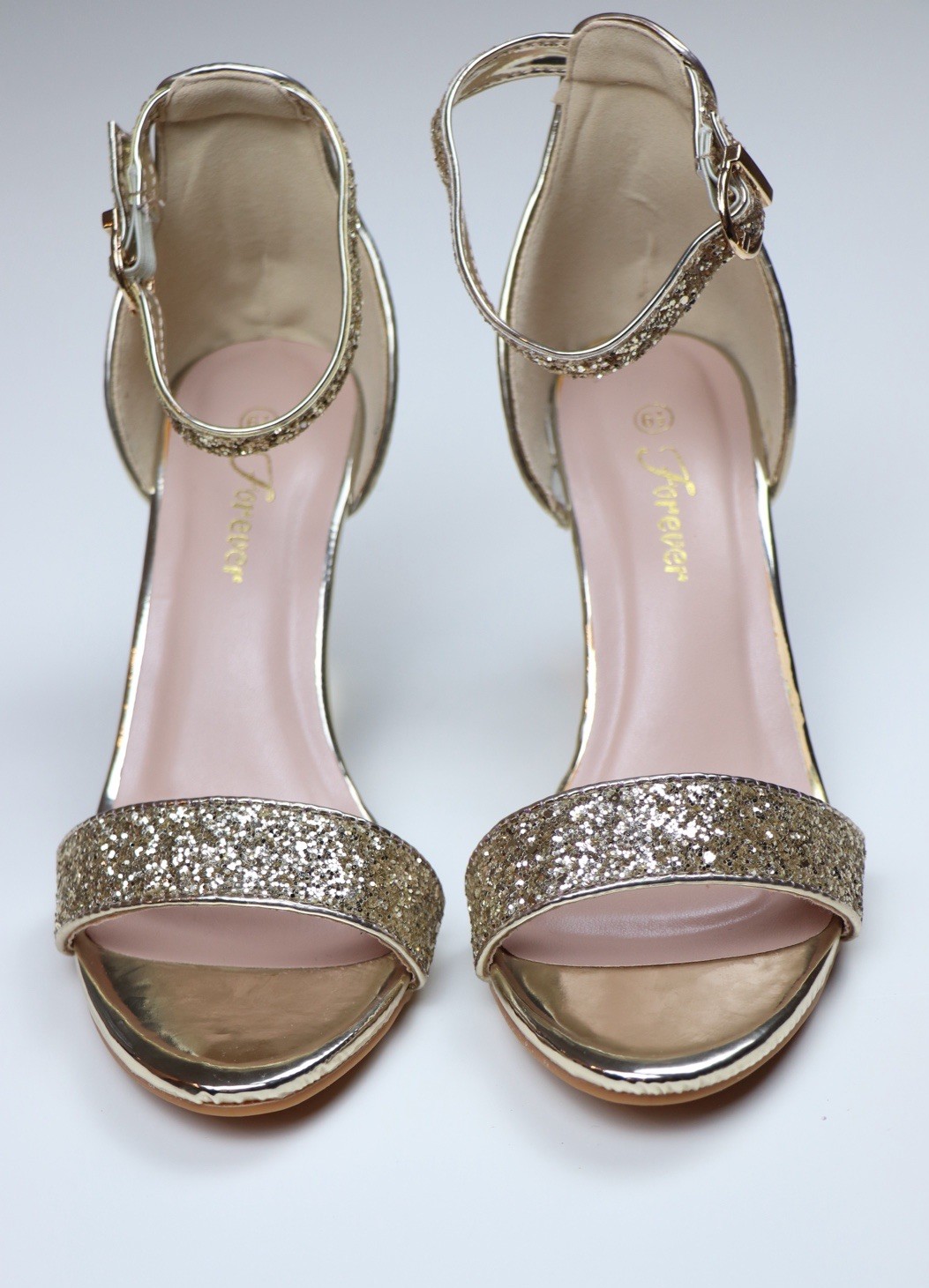 Forever Women Gold Glitter Open Toe Wedge 3.5” Heel Ankle Strap Buckle W6.5 NWOB