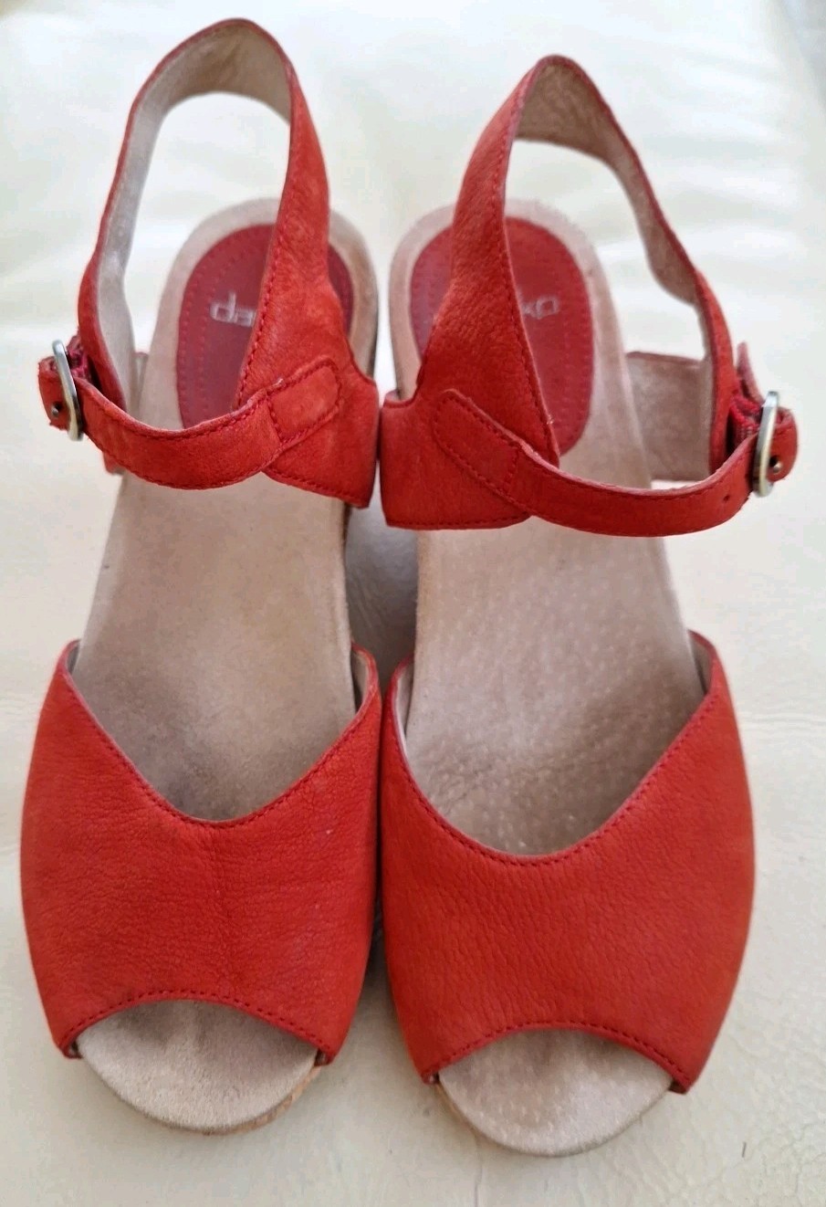 Dansko Red Sz 38 US 7.5 Or 8 Genuine Leather Peep Toe Wedge Ankle Strap Sandals