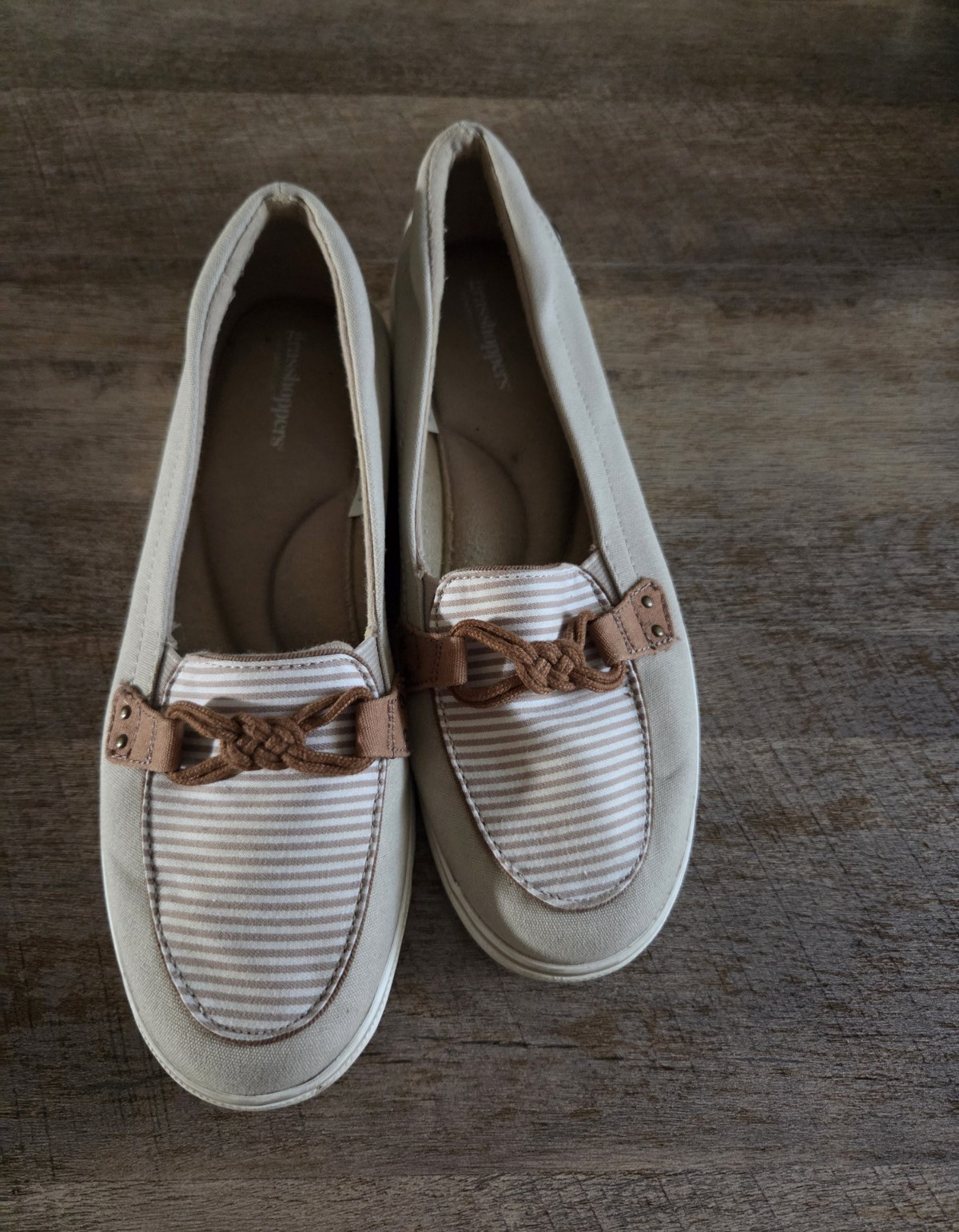 Grasshoppers Women’s Slip-On Canvas Flats Striped Beige/Brown Round Toe US 8M