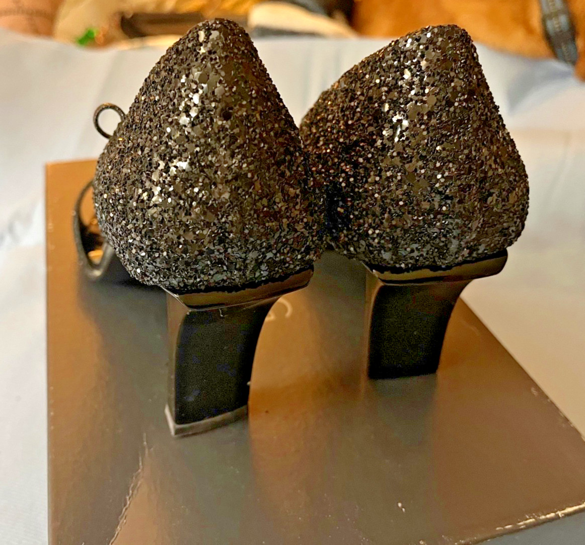 NIB Max Azaria Glitter evening shoes style Rain size 7 1/2 B – 3 1/4 inch heel