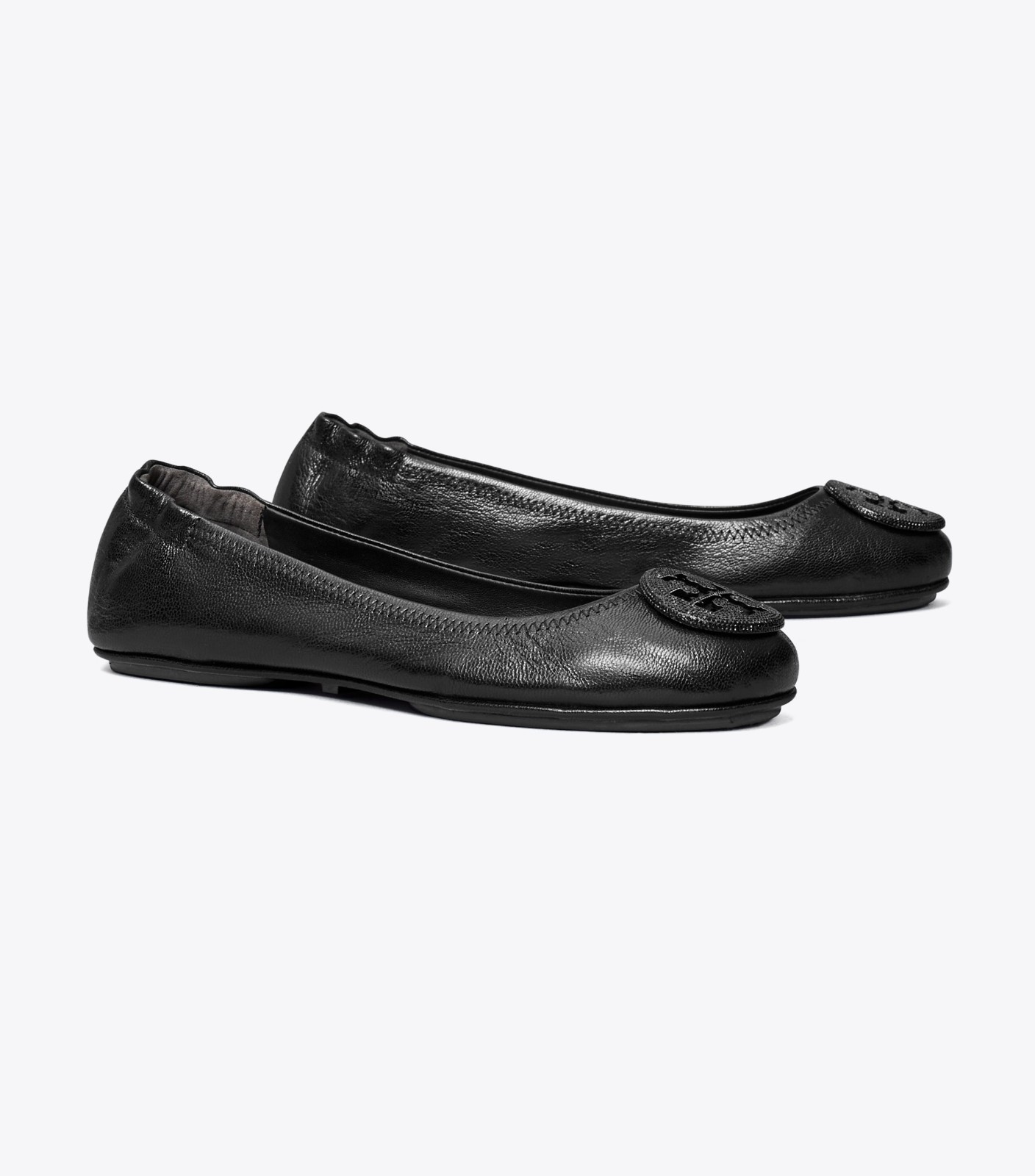 NIB Tory Burch Crystal Logo Pave Minnie Leather Travel Ballet Flat BLACK US 9