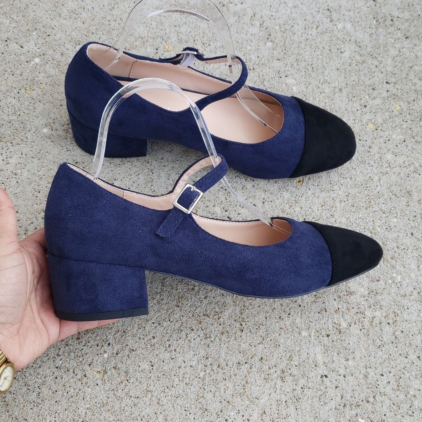 Roserwish Suede Mary Jane Square Toe Block Heels Sandals Size 8 Workwear Neutral