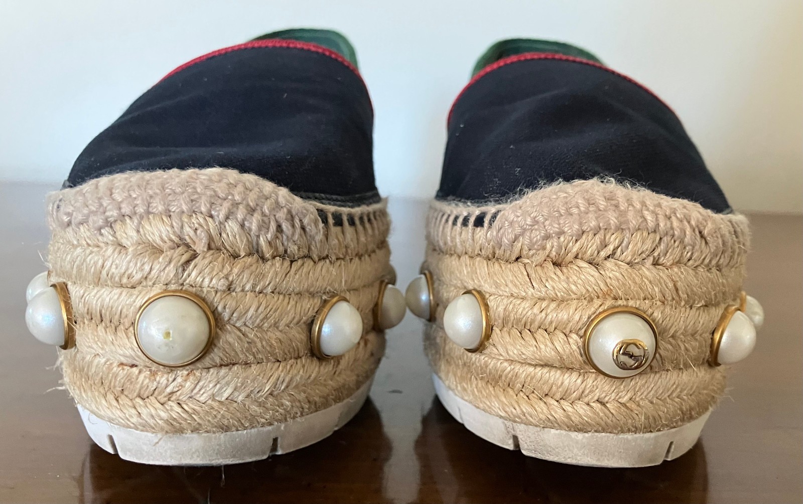 Gucci Pearl Studded Espadrille Flats Blue/Green/Red SZ 38 1/2 Slightly Worn