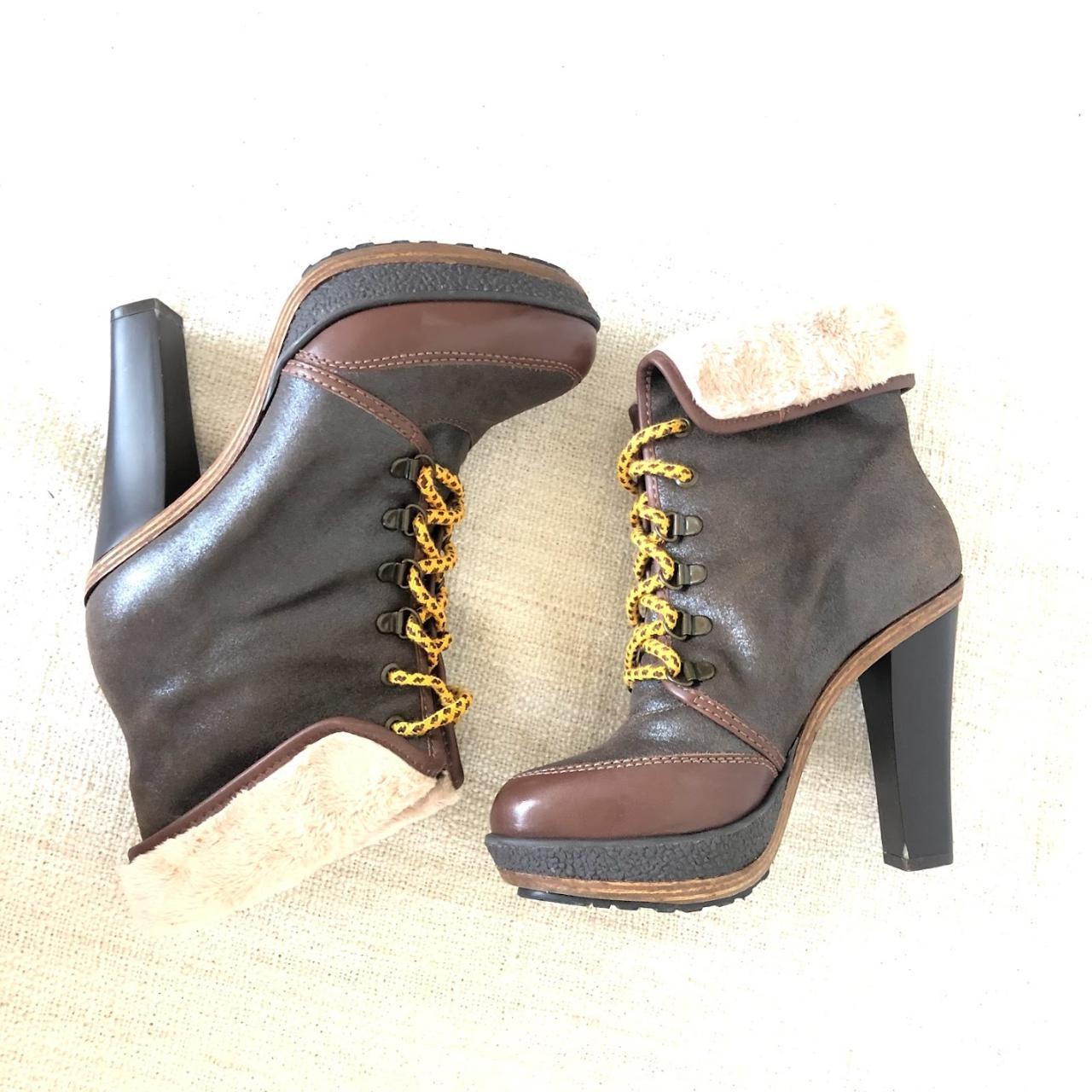 Madison Harding Brown Fur Ankle Boots Lace-Up Heels Size 6