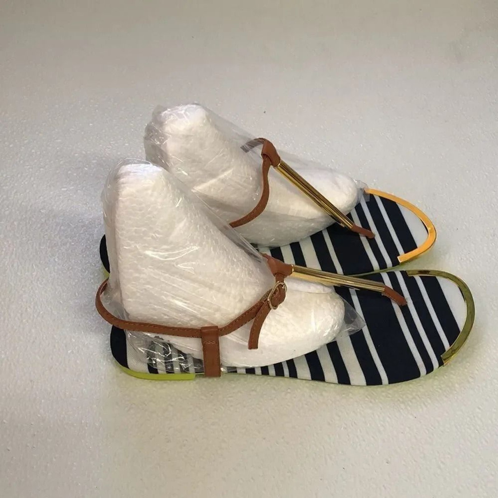 Striped Thong‎ Sandals with Ankle Strap and Gold Trim