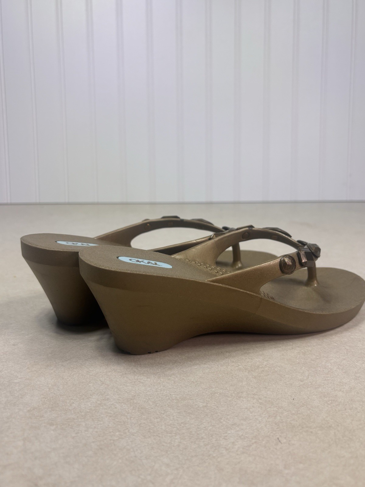 Oka B Alexa Jeweled Wedge Sandal Bronze Metallic Heel Flip Flop Womens S 25036