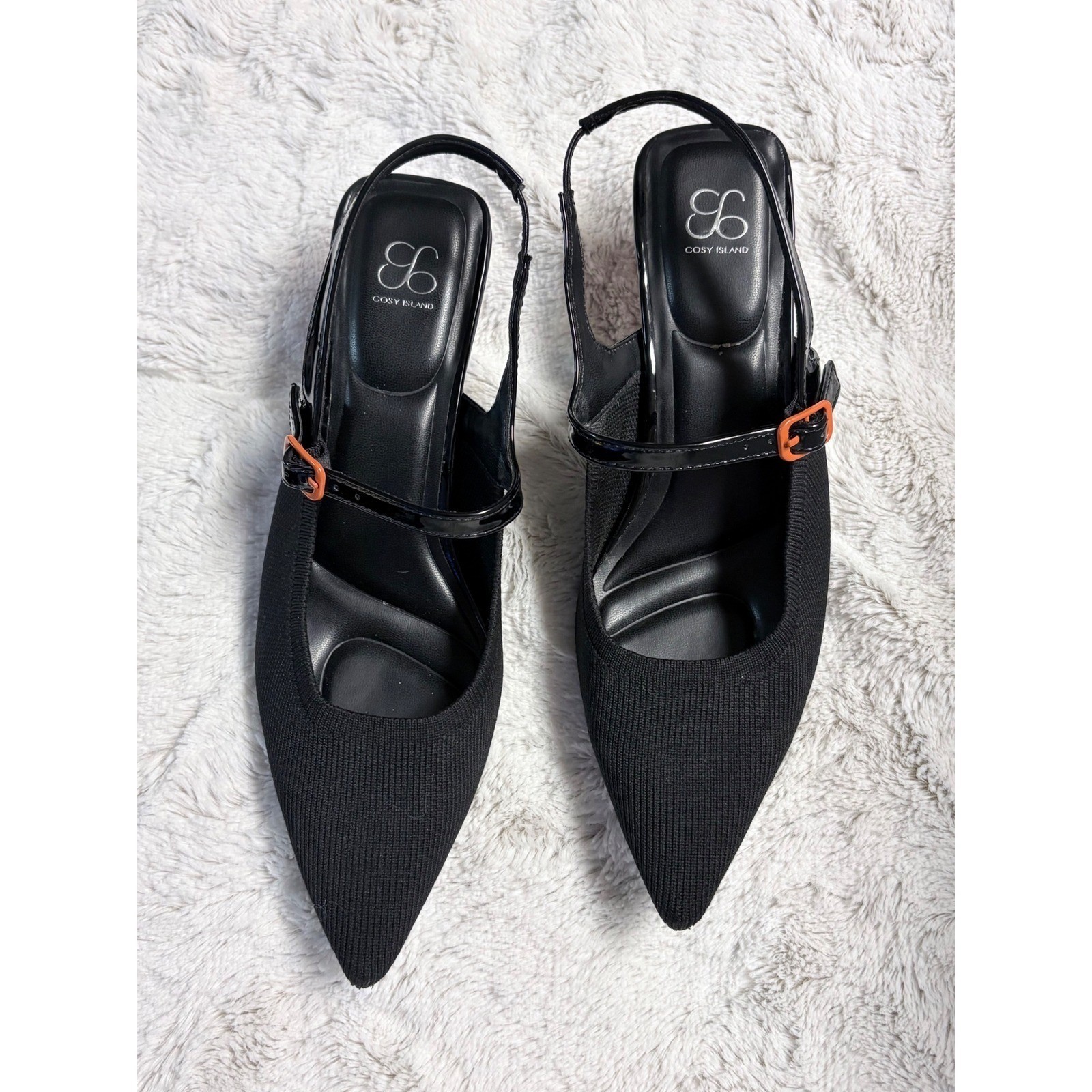 Cosy Island Knit Fabric Black Pointed Toe Slingback Heels Orange Stiletto Sz 6.5